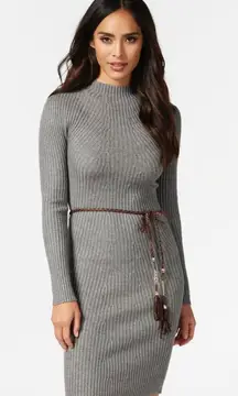 Grey Ribbed Mock Neck Sweater Dress