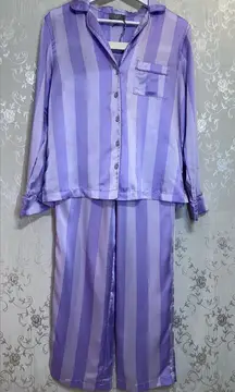 LOFT Lavender and Lilac Striped Sleepwear Set Pajamas Satin Silky XS/S