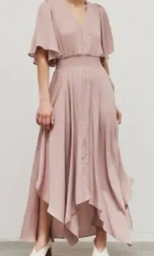 Chic Blush V Neck Flutter Sleeve Handkerchief Flowy Pink Rise Maxi Dress