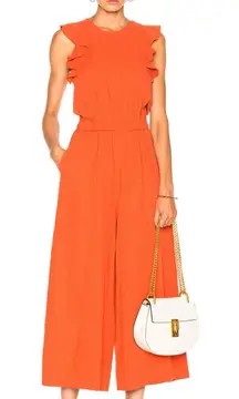 Ulla Johnson Viola Ruffled Linen Wide Leg Jumpsuit in Chili Pockets Size 8