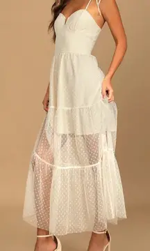 Lulus Romantic Spot Cream Polka Dot Mesh Tiered Midi Dress Sz S Corset Top Sheer
