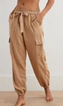 Aerie Womens Size XL Beige High Rise Cargo Jogger Pants Linen Blend Tie Waist