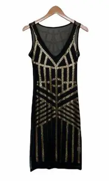 Black and gold sheer mesh V neck sleeveless rhinestone studded mini dress M