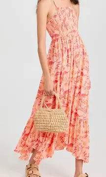 Free People Dusk Coral Combo Smocked Maxi Dress Floral Print Halter Style Large