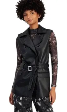 bar‎ III Vest Women XS Black Faux Leather Belted Trench Vest Gothic Outdoor Punk