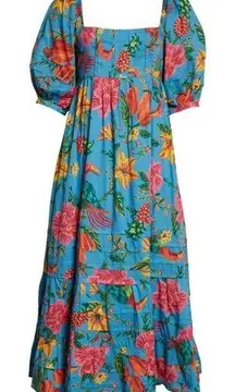 Farm Rio  Toucans Garden Floral Print Midi Dress Blue Size S NWT