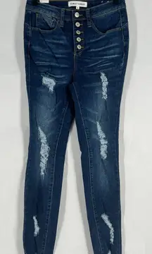 Almost Famous Skinny Jeans Womens 0 Blue Cotton Mid Rise Distressed Frayed Hem