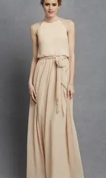 NEW BHLDN Donna Morgan Alana Chiffon Halter Wedding Guest Gown Champagne Tan  8