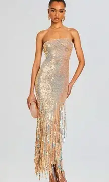 NWT RETROFETE Tan Tera Ballerina Colorway Sequin Fringe Crochet Dress Size M