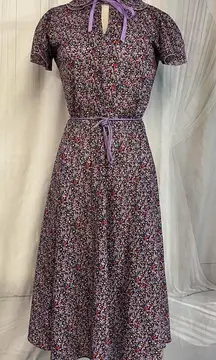 JCPenney Purple Floral Midi Dress 1970s 70s Prairie Vintage Romantic Coquette