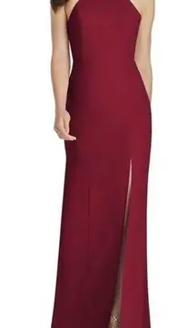 DESSY COLLECTION Cutaway Shoulder Crepe Column Gown Halter Criss Cross Back 14