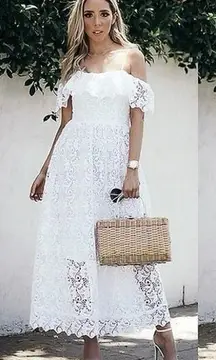 H&M White Lace Off The Shoulder Frill Sleeves A-Line Lined Midi Dress Size 4