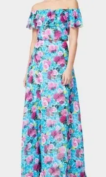 Betsey Johnson Off-The-Shoulder Floral Maxi Dress Malibu Blue