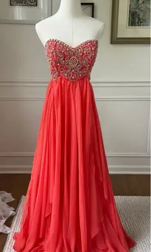 Sherri Hill Sweetheart Strapless Beaded Coral Formal Gown Prom Pagent Dress 0972