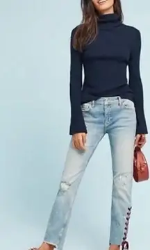 Anthropologie Pilcro Red Velvet-Laced Hem Mid-Rise Slim Straight Jeans size 28