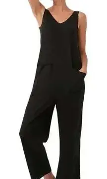 Pact Black All Ease V Neck Sleeveless Wide Leg Jumpsuit Organic Cotton Size XXL