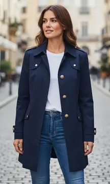 London Fog Water Resistant Navy Gold Accents Hooded Trench‎ Coat Medium