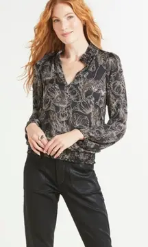 Evereve Allison Joy Ariel Black White Tan Floral‎ Print Long Sleeve Top Size M