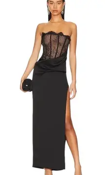 NBD x Revolve - Nalani Lace Tan and Black Strapless Bustier Maxi Gown Sz M