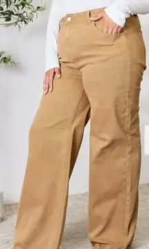 RISEN Full Size Fringe Hem Wide Leg Jeans Mocha Tan High Rise Size 31 x 32