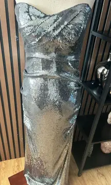 Nicole miller sparkly silver maxi strapless long dress size 8 mermaid style with