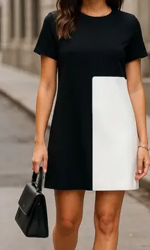 Talbots Petites 14P Black White Colorblock Sheath Dress Short Sleeve 36” Mod