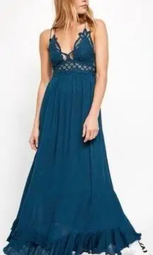 Free People  One Adella Maxi Dress Teal Jewel Slip Dress Lace Ruffle Flowy XS