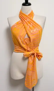 Eva Franco Anthropologie Citrus Orange Pink Knit Halter Wrap Crop Top Large New