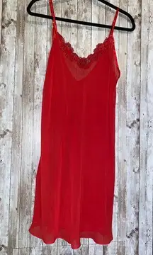 Vintage Dentelle Red Sheer Chemise Slip Night Dress Gown Embroidered Lace Beaded