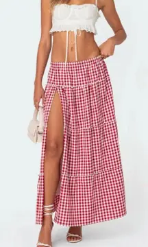 Edikted Gingham Maxi Skirt Side Slit Tiered