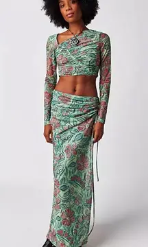 Free People Supernova Set Two Piece Skirt Crop Top Long Sleeve Green