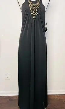 WOMEN'S BLACK HALTER MAXI DRESS W/ CHAIN DETAIL - MADISON LEIGH - SIZE 10 - NWT