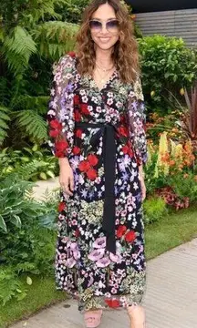 JULIA JORDAN Notch Neck Jumpsuit with Floral Jacket in Black Multi Size US 6