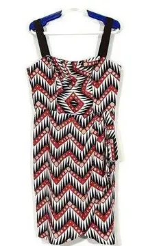 Milly of New York V-Neck Chevron Geo Silk Sheath Midi Dress Size 8 Faux Wrap