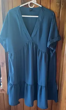 Teal Blue V-Neck Tiered Midi‎ Dress Flowy Summer Casual Boho Chic Size 1XL
