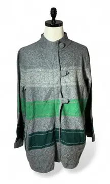 Pendleton Wool Coat Striped Gray Green Button Up Long Sleeve Jacket