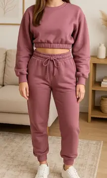 Zenana 2 Pcs Crop Sweatshirt Tracksuit Jogger Pants Set Outfit Active Loungewear Dusty Rose Pink Size XS