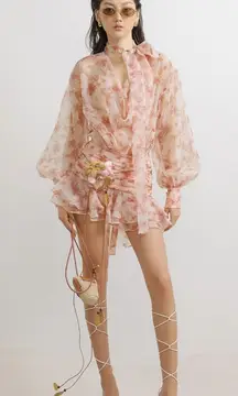 LASSY FLORAL CHIFFON PUFFBALL PUFF SLEEVE MINI DRESS (XS)