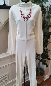 Women's 2 Piece Suit Size XL Beige Striped Rayon Casual Long Sleeve Straight Leg