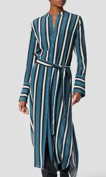 Equipment Connell Blue Striped Long Sleeve Belted Silk Shirt Dress Size Small