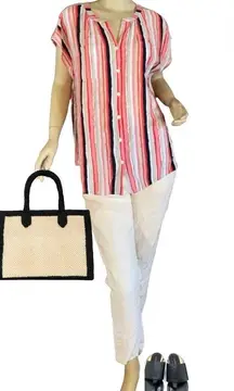 VAN HEUSEN ORANGE BLACK & BEIGE STRIPED BUTTON DOWN TUNIC (L)