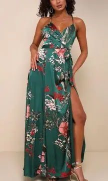 Lulus Still the One Emerald Green Floral Print Satin Maxi Dress