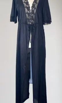 Vintage Glencraft Lingerie 1960 Union Made USA Black Lace Front Tie Duster L