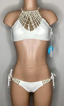 New. WET L.A. ivory and gold macrame bikini. Small. Retails $176