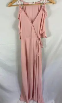 Lush Cold Shoulder Wrap Ruffle Tie Front Maxi Dress Pink Size Medium