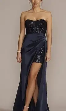 Galina Signature Strapless Sequin Mini Maxi Dress Satin Skirt Navy Blue Marine