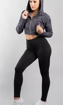 Buff Bunny Collection Gray Citrus Floral Leaf Cropped Zip-Up Hooded Jacket