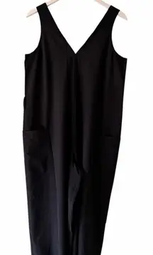 Athleta Jumpsuit Black Lightweight Wide Leg Y2K  Pockets V Neck Belt Hooks SZ M