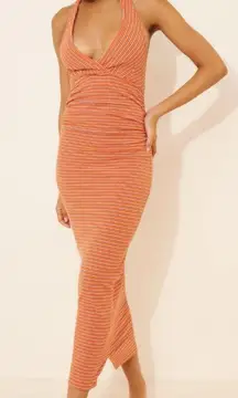 Anthropologie Pilcro High Tide Halter Slim Midi Dress Orange and White L Large