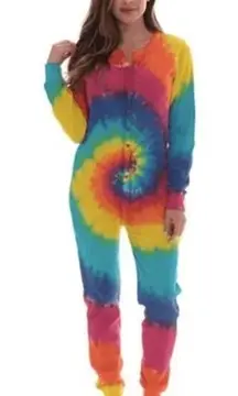 Followme Womens Tie Dye One Piece Pajamas Jumpsuit Sleepwear Footless Size XL
